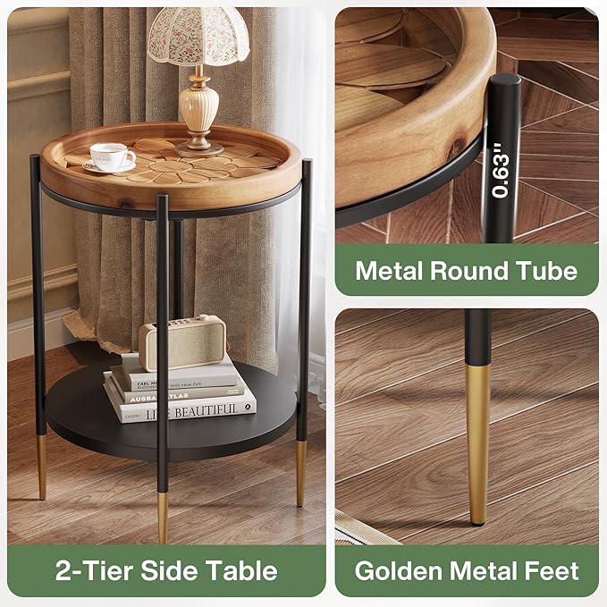 Tribesigns Round Side Table Set of 2, 2-Tier End Table with Solid Wood and Metal, Industrial Nightstand for Small Spaces, Living Room, Bedroom, Study Room (Rustic Brown)