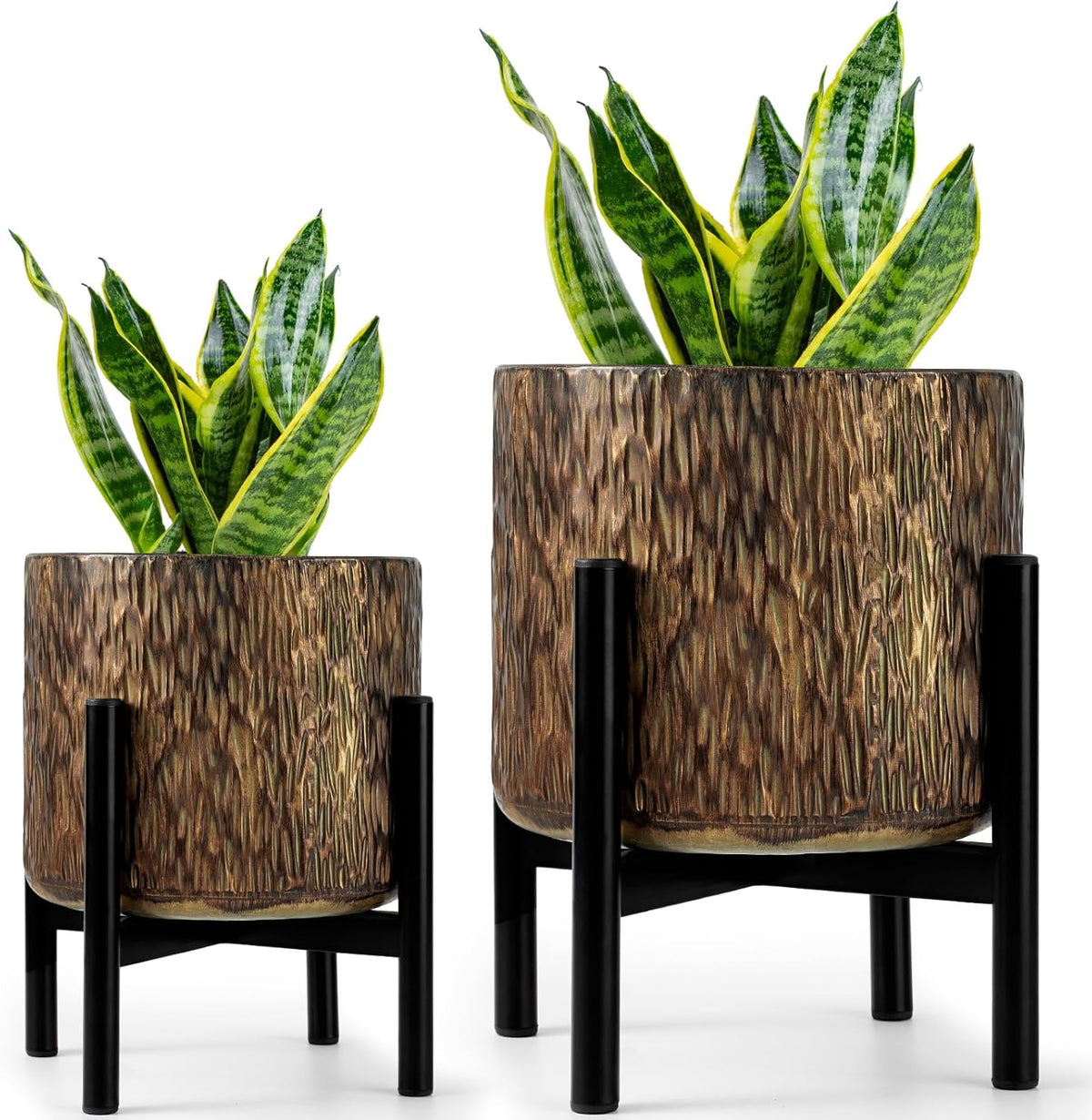 Harvest Land Plant Pots with Stand, Set of 2 Large Modern Planters Metal Tall Handmade Flower Pots with Drainage Holes Indoor Outdoor,Bronze