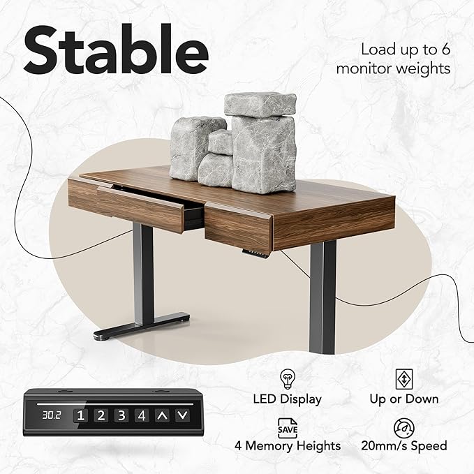 HUANUO Electric Standing Desk with 3 Drawers, 48 Inches Height Adjustable Stand Up Desk, Whole-Piece Board Computer Workstation with 4 Memory Height Settings, Black Walnut