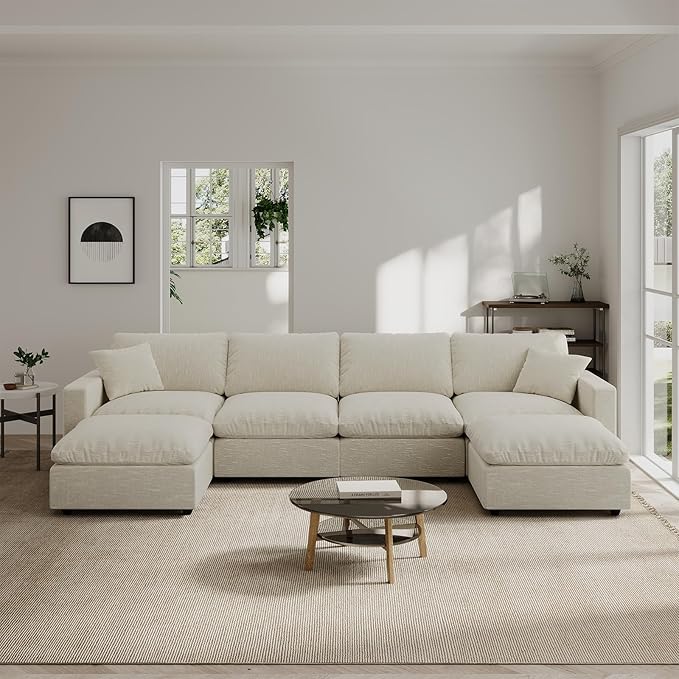 Modern Sectional Linen Couch for Living Room U-Shape Sofas,6 Seat Modular Cloud Sofas,Couches Cushion Covers Removable,Cozy Feather Down Sofa for Apartment Beige