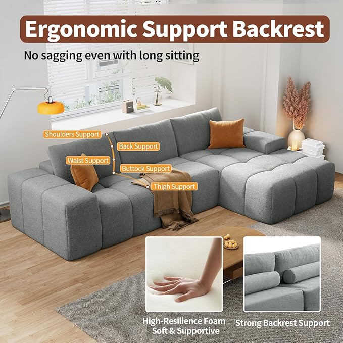 114” Oversized Modular Sectional Couch for Living Room, Chenille Boneless Couch L-Shape Cloud Sofa with Deep Seat and Chaise, Memory Foam Compressed Sofa for Living Room Furniture Bedroom Apartment