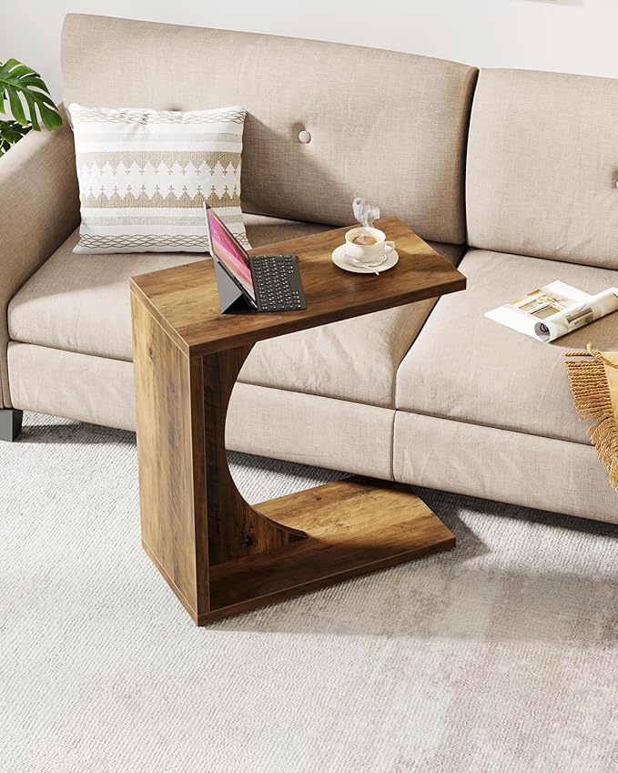 Tribesigns C-Shaped End Table for Couch, Sofa Side Table, C Table for Small Space, Living Room, Bedroom (2, Rustic Brown)