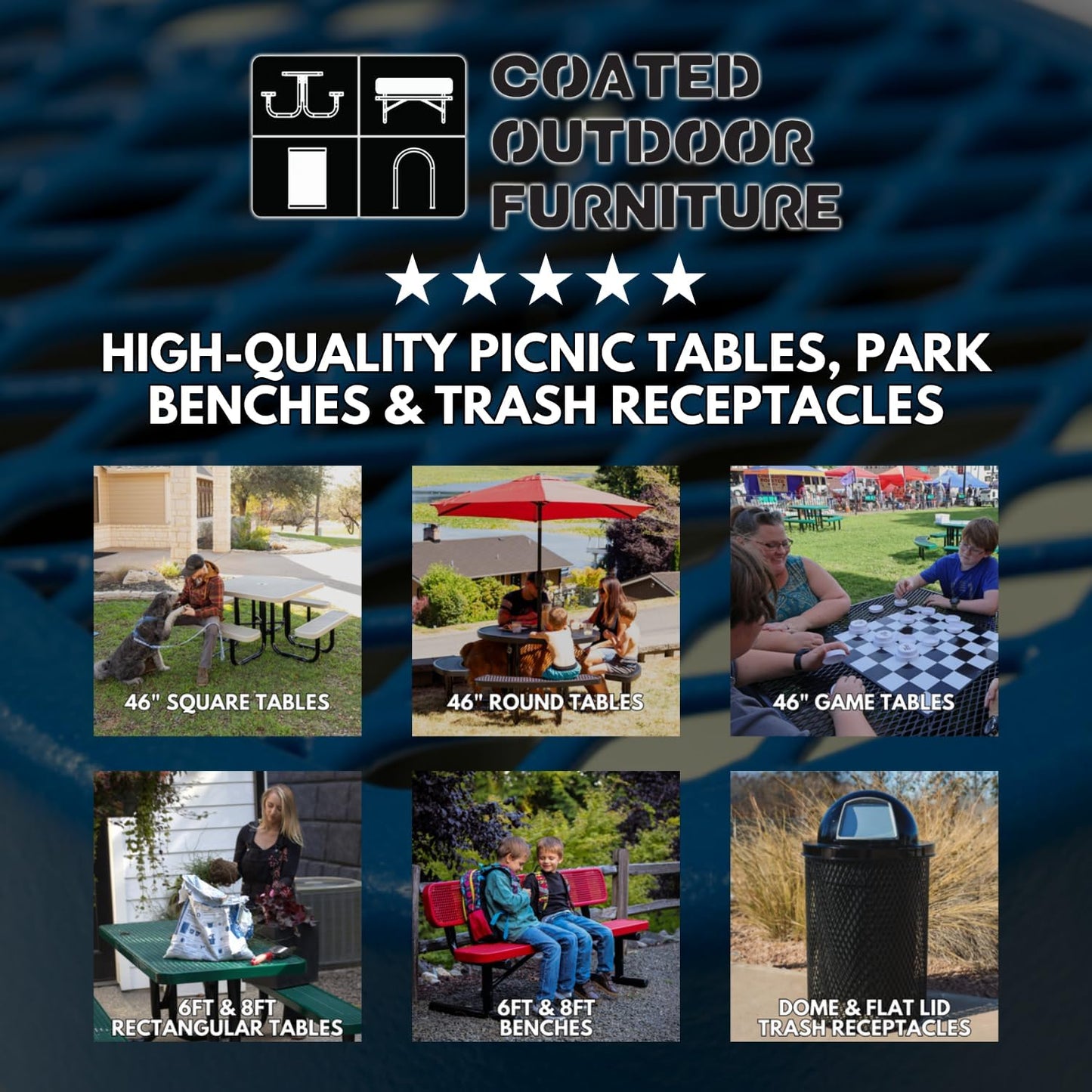 Heavy-Duty Portable Outdoor Picnic Table with Umbrella Hole, Punched Steel Patio Dining Furniture Made in America (46" Round Top, Purple)