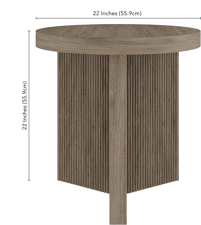 Henn&Hart 22" Fluted Scandinavian Round End Table, Ribbed Side Table, Nightstand for Living Room, Office, Family Room, or Bedroom, Antiqued Gray Oak