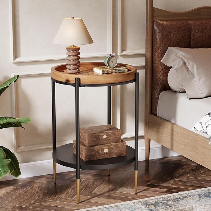 Tribesigns Round Side Table Set of 2, 2-Tier End Table with Solid Wood and Metal, Industrial Nightstand for Small Spaces, Living Room, Bedroom, Study Room (Rustic Brown)