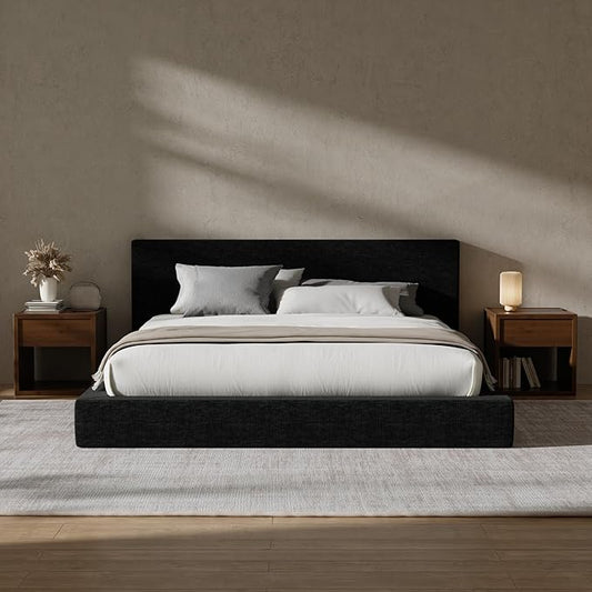 RECCI Cloud Upholstered Queen Bed Frame with Headboard, 5 Inch Foam Padded Platform, No Box Spring, Easy Assembly (Onyx)