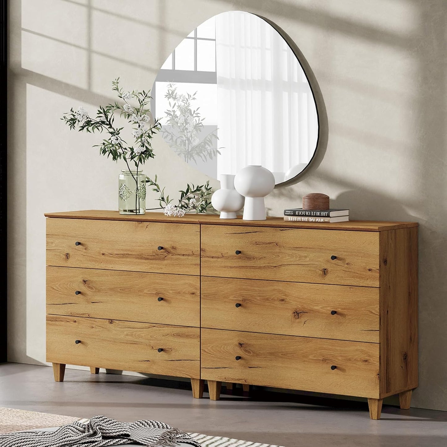 WAMPAT Dresser with 6 Drawers, Bedroom 70.8" Wide Wooden Chest of Drawers, Modern Dressers Closet Storage Organizer w/Solid Wood Legs for Living Room, Kids Room, Nursery, Oak Brown
