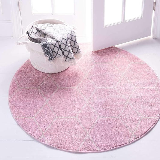 Unique Loom Trellis Frieze Collection Area Rug - Geometric (7' Round, Light Pink/ Ivory)