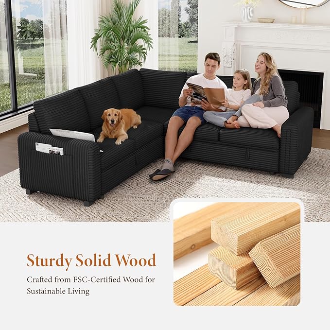 Vesgantti 88.4" Sectional Sleeper Sofa with Pull Out Bed, 5 Seater L Shaped Modular Sectional Couch with Storage, Comfy Corduroy Modular Couch for Living Room, Bedroom, Apartment, Black