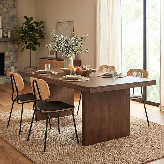Mid-Century Modern Rattan Cane Back Dining Chairs Set of 4 — PU Leather Upholstered Seat, Black Metal Legs, Kitchen Side Chairs for Kitchen & Dining Room, Black