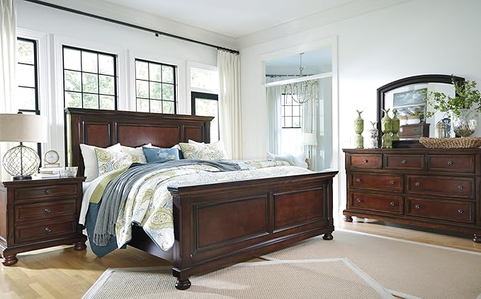 Signature Design by Ashley Porter Traditional Queen Panel Bed, Hand-Finished, Foundation or Box Spring Needed, Wood, 67.81" W x 88.25" D x 60.25" H, Dark Brown