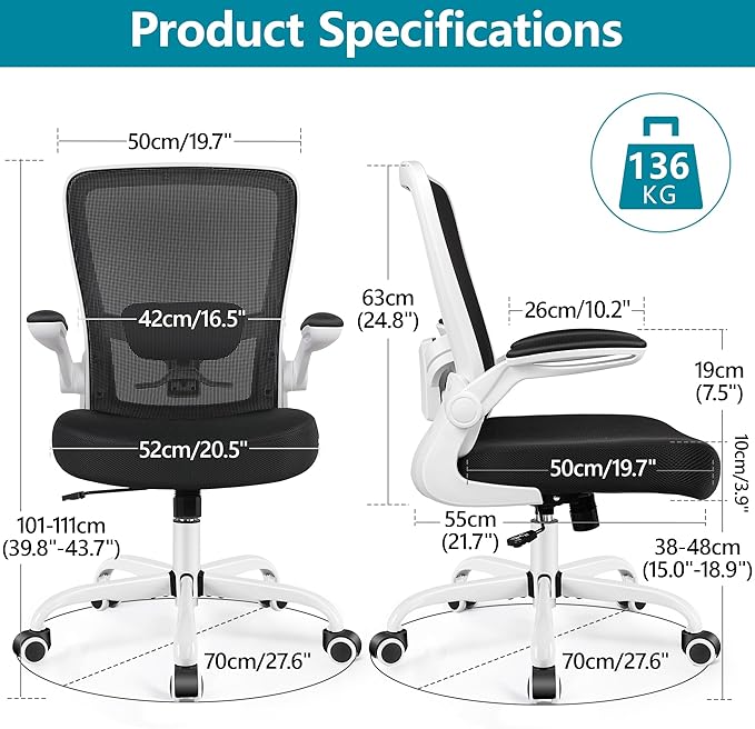 FelixKing Office Chair, Ergonomic Desk Chair Breathable Mesh Chairs Adjustable High Back Lumbar Support Flip-up Armrests, Executive Rolling Swivel Comfy Computer Chairs Home Office White