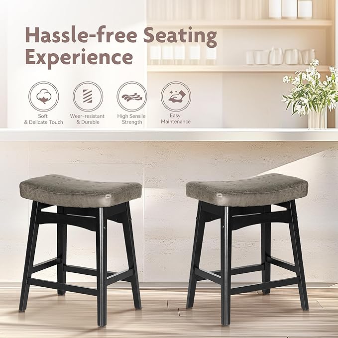 ALPHA HOME Bar Stools Set of 4, Solid Wood Saddle Kitchen Stools with Grey PU Leather Cushion Counter Height Barstools with Wooden Base for Kitchen Dining Cafe, 24 Inch, Grey, 4PCS