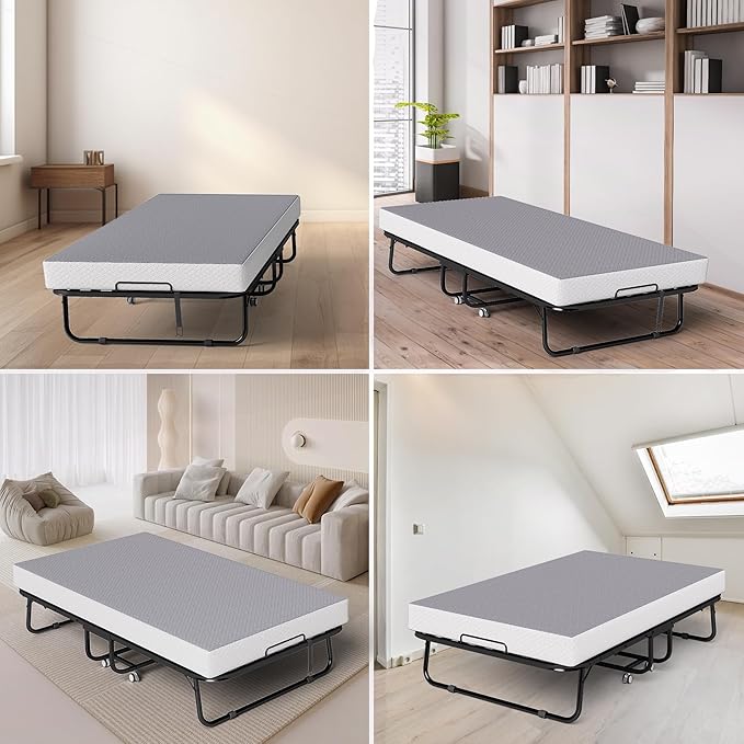 Folding Bed with Memory Foam Mattress, Portable Rollaway Guest Beds on Wheels, 75"x38" Twin Size Space-Saving Cot-Size Bed for Adults with Easy Assembly Metal Frame (Grey)