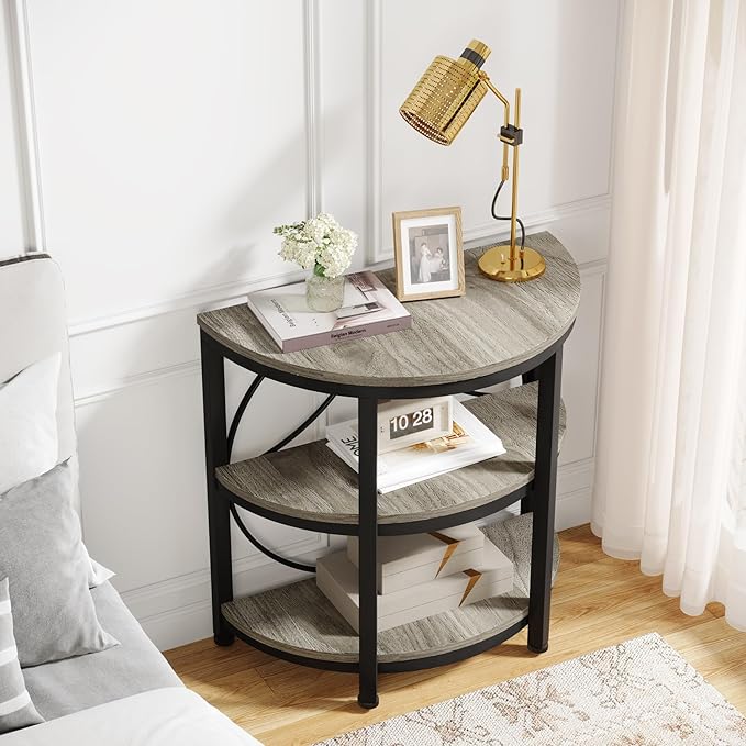 Tribesigns Half Round End Table for Living Room Set of 2, 3-Tier Half Side Table with Metal Frame, Industrial Half Moon Table with Storage Shelves for Entryway, Bedroom, Grey