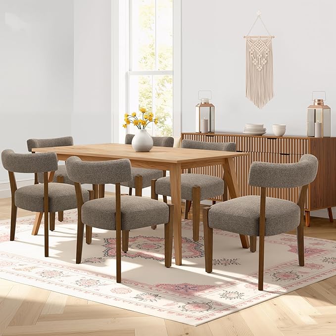 Modern Dining Chairs Set of 6, Walnut Upholstered Kitchen & Dining Room Chairs, Mid Century Wooden Dining Chairs Oversized Sturdy Fabric Rounded Chairs Curved Back, Tan Brown