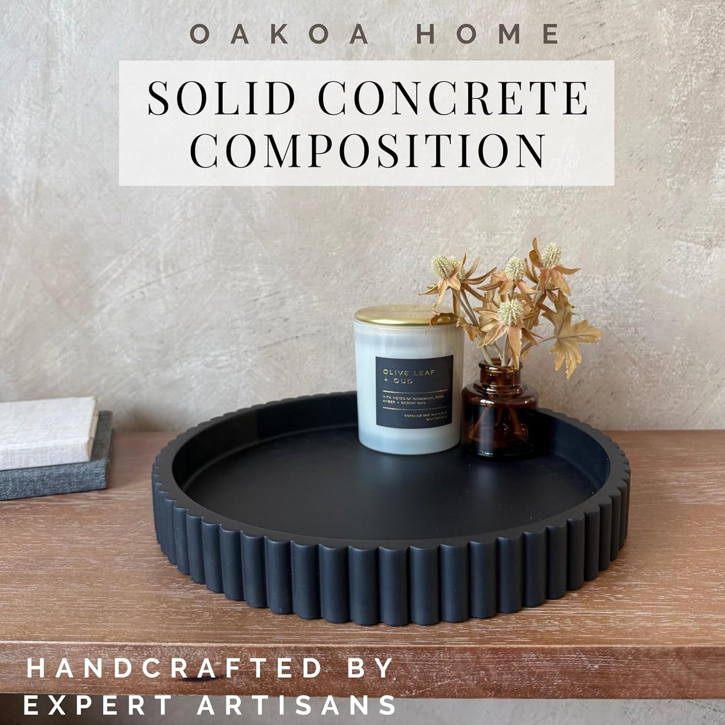 OAKOA Concrete Black Tray for Coffee Table - Round Black Decorative Tray for Table Decor - Bandejas Decorativas para La Sala - Coffee Table Centerpiece