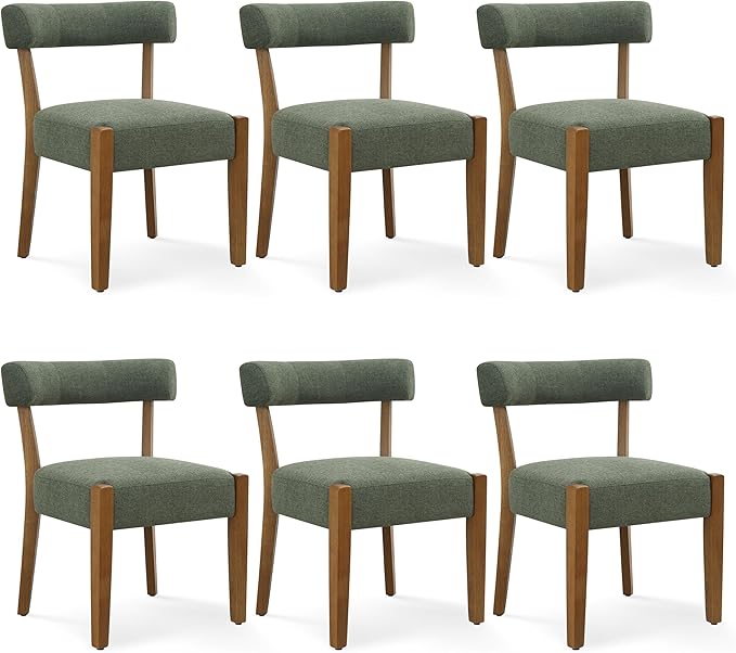 Modern Green Dining Chairs Set of 6, Walnut Upholstered Kitchen & Dining Room Chairs, Mid Century Modern Wooden Dining Chairs Oversized Sturdy Fabric Rounded Chairs Curved Back