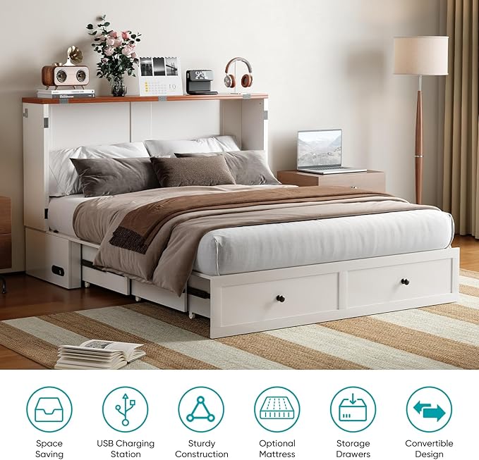 BALUS 63" W Queen Murphy Bed with Tri-Fold Mattress, Queen Size Murphy Cabinet Bed with 2 Storage Drawers & USB Charging Station, Chest Cabinet Beds for Bedroom Guest Room, White