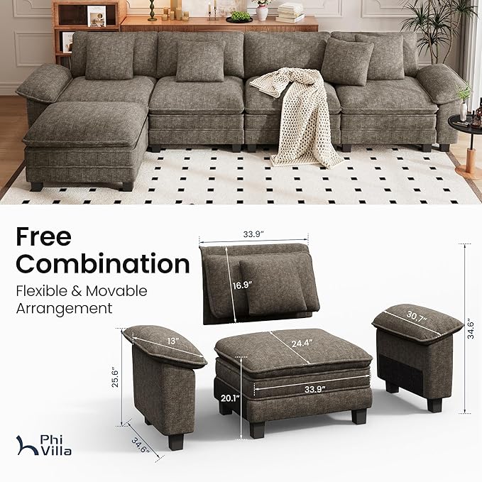 PHI VILLA Cloud Modular Couch Sets, 157.5" Sectional Sofa with L-Shaped Chaise, 5-Seater Upholstered Couches with Movable Ottoman for Living Room, Chenille Fabric, Smoky Grey