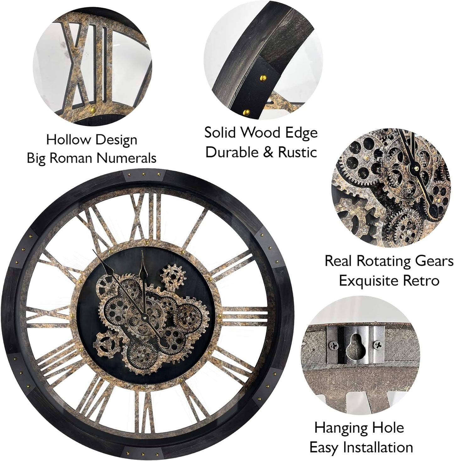 27 inch Large Real Moving Gears Wall Clock with Toughened Glass Cover, Oversized Solid Wood Retro Farmhouse Clock, Giant Decorative Rustic Wall Clock for Living Room Home Kitchen Office (Black)