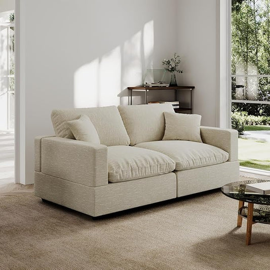 Modern Sectional Linen Cloud Couch for Living Room Loveseat Modular Filled-Down Sofas, Detachable Couch Cushion Covers,Cozy Feather Down Sofa for Apartment Beige
