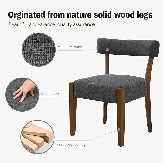 Modern Dining Chairs Set of 2, Walnut Upholstered Kitchen & Dining Room Chairs, Mid Century Wooden Dining Chairs Oversized Sturdy Fabric Rounded Chairs Curved Back, Dark Grey