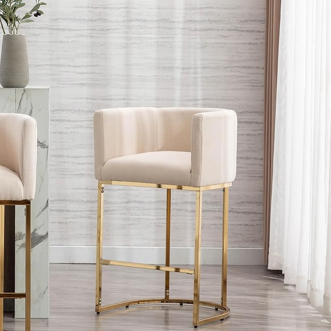 Contemporary Cream Linen Bar Stool, 29" Upholstered Fabric Counter Height Barstool Kitchen Counter Island Stool with Golden Metal Base