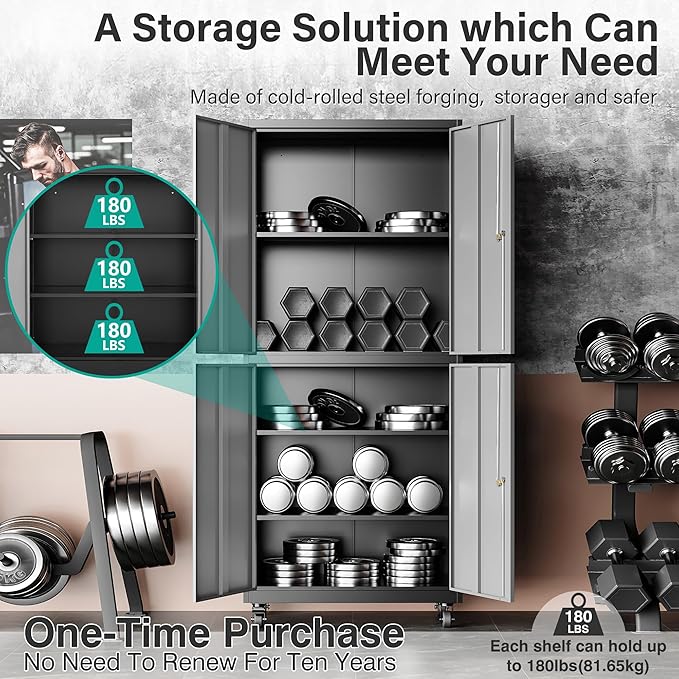 SISESOL Metal Storage Cabinet with Wheels,Rolling Garage Storage Cabinet with Lock,Gray Lockable Metal Cabinets with Shelves,Tall Tool Cabinets on Wheels for Garage,Home,Office,Shop