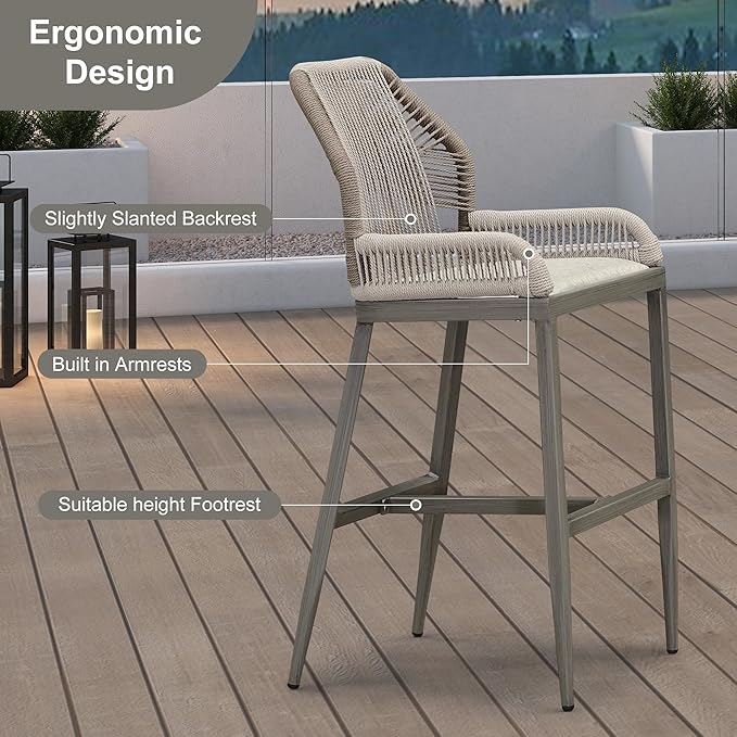 PURPLE LEAF 4 Pieces Bar Stools Patio Modern Rattan Barstools Aluminum Woven Tall Bar Chairs with Cushions for Outdoor Kitchen Island Garden