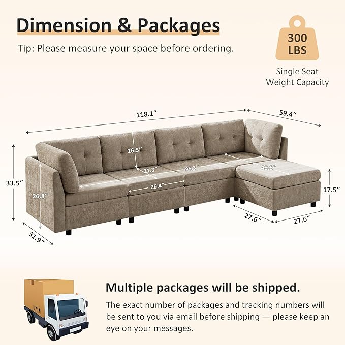 VANOMi 4 Seat Modular Cloud Sofa with Ottoman, 118" Modular Sectional Sofas & Couches for Living Room, Cozy Chenille Cloud Sectional Couch Sofas for Living Room, Apartment, Office, Camel, L Shaped