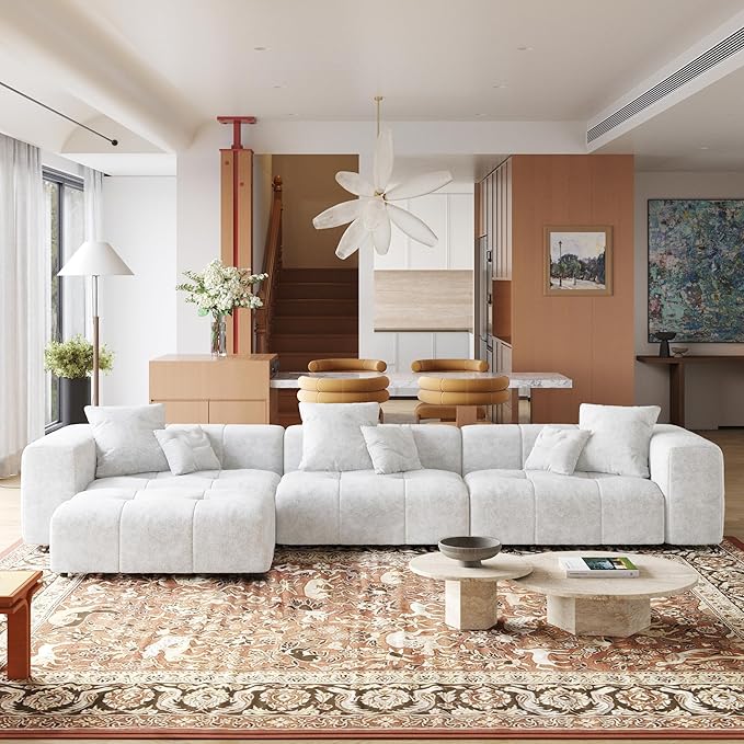 JACH 144.1 Inch L-Shaped Modular Sofas, Modern 3-Seater Couch with Chaise Ottoman, Mid Century Modern Sectional Couches, Cozy Sleeper Sofa for Apartment/Living Room (Linen Fabric, White)