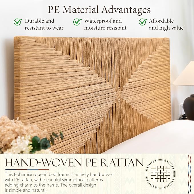Yechen Queen Rattan Style Boho Bed Frame with Headboard and Footboard, Mid Century Modern Hand-Woven Wicker Bedframe with Vintage Pattern, Bamboo Bed with Metal Slats, No Box Spring Needed, 1000lbs