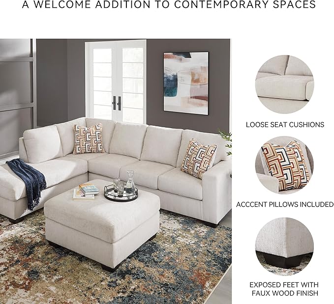 Signature Design by Ashley Aviemore Casual L-Shaped 2-Piece Sectional with Chaise and Loose Seat Cushions, Accent Pillows Included, 110" Wide, Light Gray