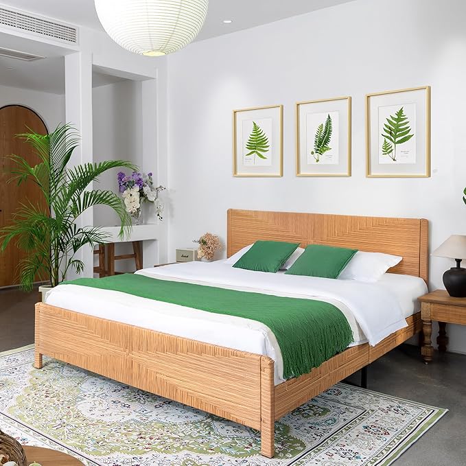 Yechen Hand-Woven PE Rattan King Bed Frame with Headboard and Footboard, Boho Mid Century Modern Bedframe with Vintage Pattern, Wicker Bed with Metal Frame and Slats, No Box Spring Needed, 1000lbs