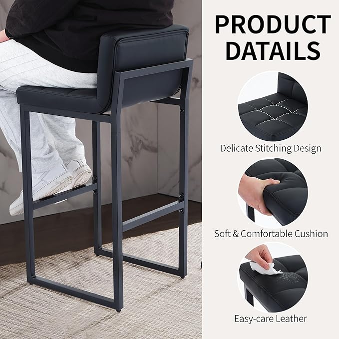 Bar Stools Set of 3, Upholstered Faux Leather Counter Height Barstools with Low Back and Thickened Metal Legs, Modern Bar Chairs for Kitchen Island, Bar, Counter (Black, 3Pcs 26" Bar Stools)