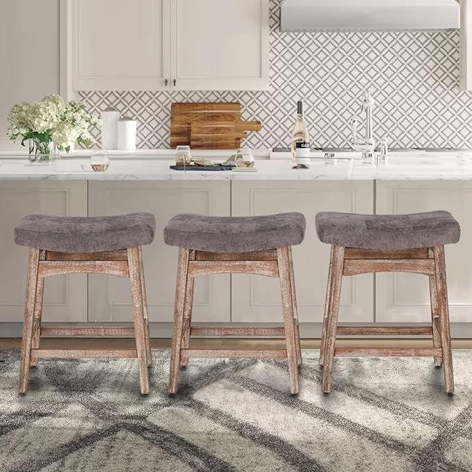 ALPHA HOME Bar Stools Set of 3, Solid Wood Saddle Kitchen Stools with Grey Linen Fabric Cushion Counter Height Barstools, 24 Inch, Grey, 3PCS