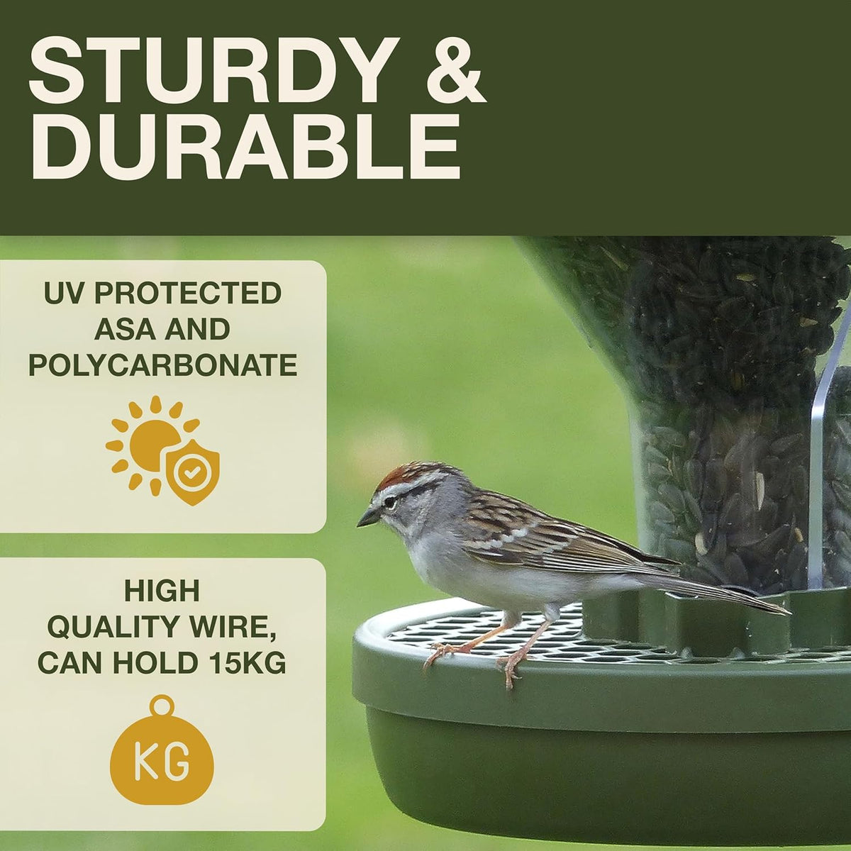 SWISSINNO No Mess Bird Feeder Davos Smart Birds - No Spill Bird Feeder for Outdoor - Mice & Rat Proof - Robust & Reliable for Hanging - Dual Food Chambers - Made in EU - Green