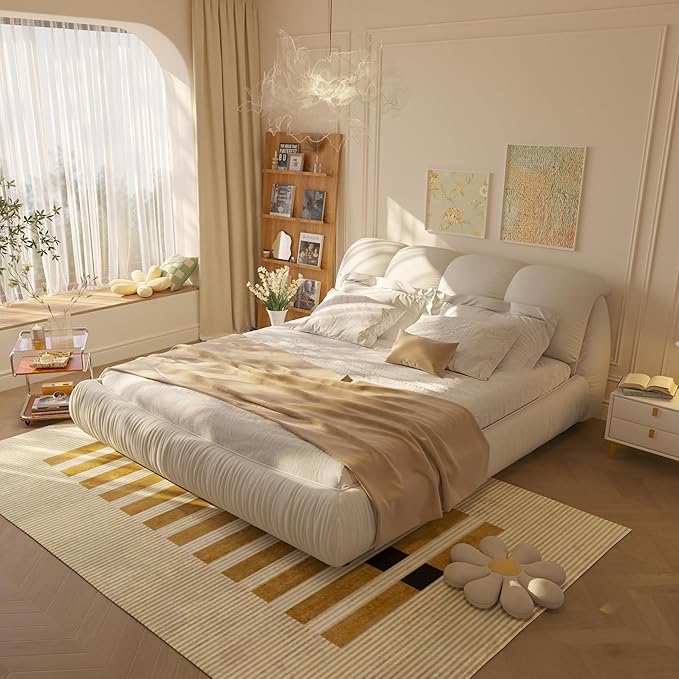 Queen Size Upholstered Platform Bed with Oversized Padded Backrest and Solid Wood Frame for Bedroom, Apartment Room (Beige, Queen (U.S. Standard))