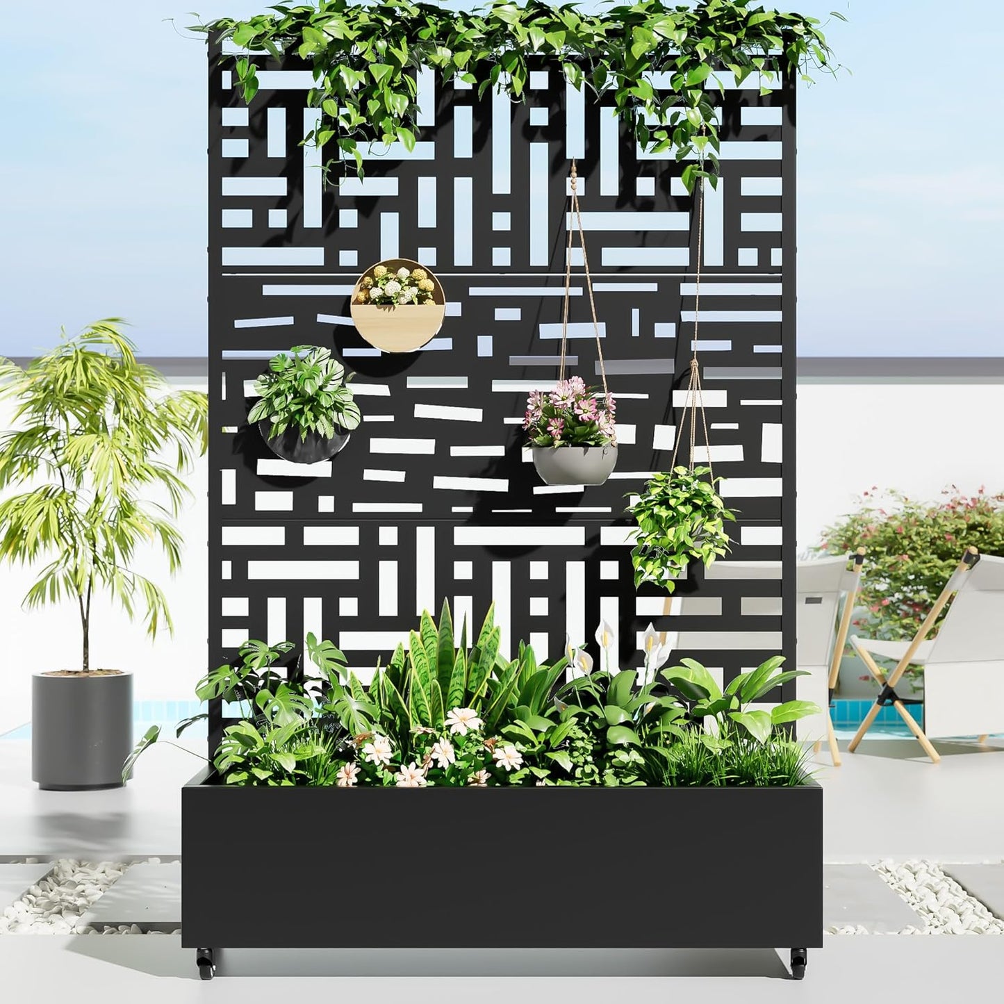 Casaphoria Metal Raised Garden Bed with Trellis and Wheels, 72"x47"x16" Planter Box for Climbing Plants, Vegetables & Vines, Features Drainage Holes and Privacy Screen, Black(Helen&Gerald)