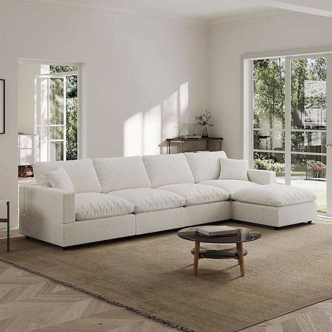 Modern Sectional Linen Couch for Living Room L-Shape Sofas,5 Seat Modular Cloud Sofas,Couches Cushion Covers Removable,Cozy Feather Down Sofa for Apartment Cream White