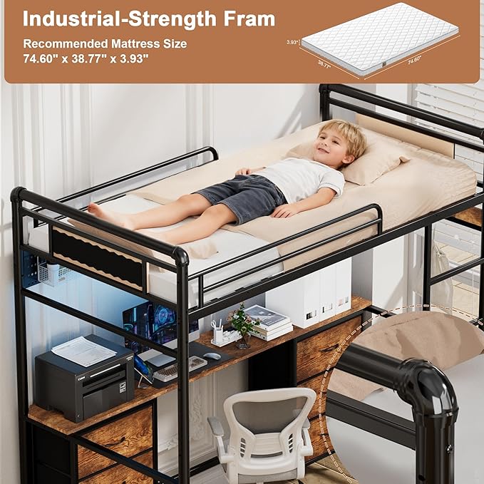 Loft Bed with Desk, Gaming Bunk Bed with Stairs, Twin Metal Loft Bed Heavy Duty Loft Beds for Adults, 6 Fabric Drawers, LED Lights & Charging Sation, No Noise & No Box Spring Needed, Black