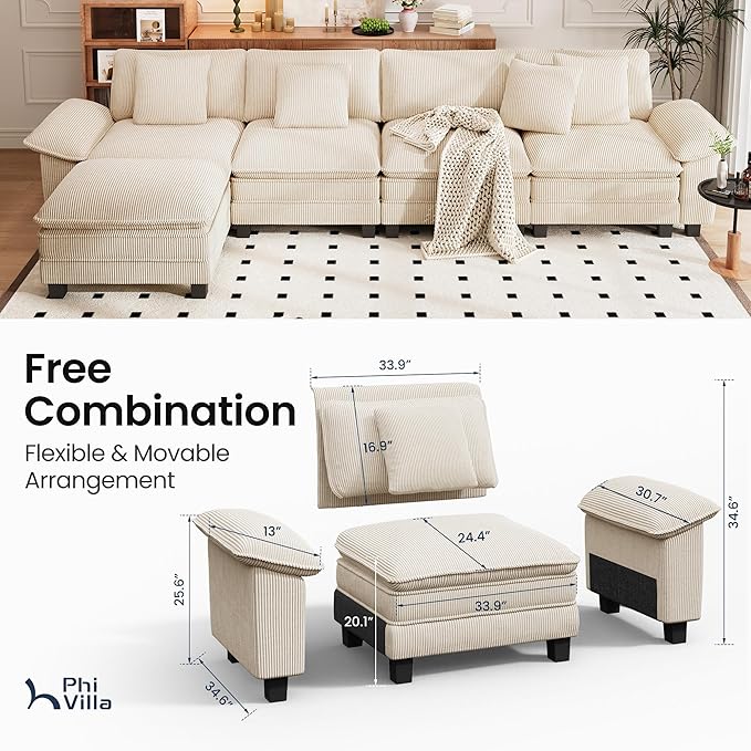 PHI VILLA Cloud Modular Couch Sets, 157.5" Sectional Sofa with L-Shaped Chaise, 5-Seater Upholstered Couches with Movable Ottoman for Living Room, Corduroy Fabric, Beige