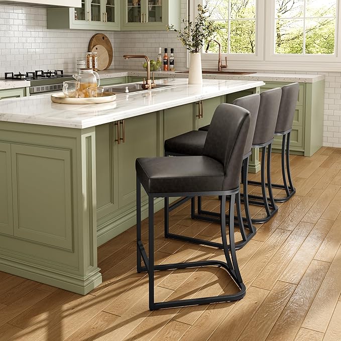 MAISON ARTS Counter Height Bar Stools with Back Set of 3 for Kitchen Counter, 24 Inch Modern Upholstered Faux Leather Barstools Farmhouse Bar Chairs Luxury Island Stools Support 330LBS, Grey