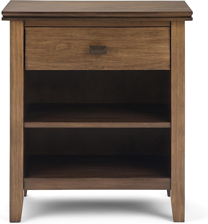 SIMPLIHOME Artisan Bedside Table - 24 inch Wide Solid Wood Nightstand Table in Rustic Natural Aged Brown, Contemporary Bedroom Side or End Table with 1 Drawer, Open Shelf Storage and Bronze Knobs