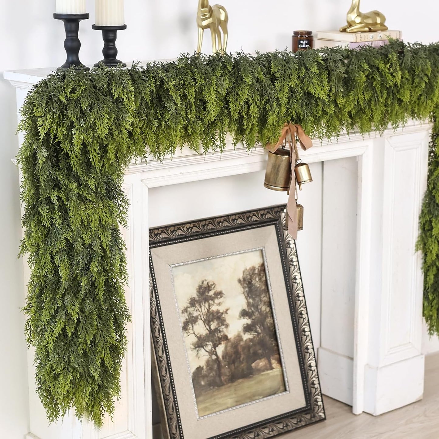 9FT Real Touch Cedar Garland for Fireplace - Artificial Christmas Garlands Realistic Faux Greenery Fake Pine Needles Garland for Holiday,Table, Window,Mantel,Stairs, Home,Indoor Outdoor Decor (2PCS)