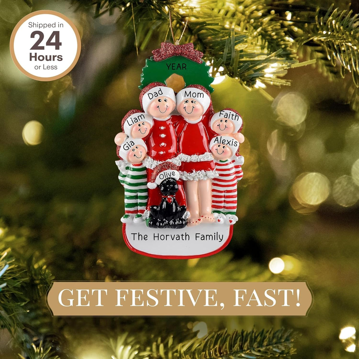 Personalized Family of 6 with Dog Ornament 2025 | Free 24h Customization | Christmas Ornaments for Tree | Custom Gift Wrapped Black Pet Keepsake for Dog-Lovers