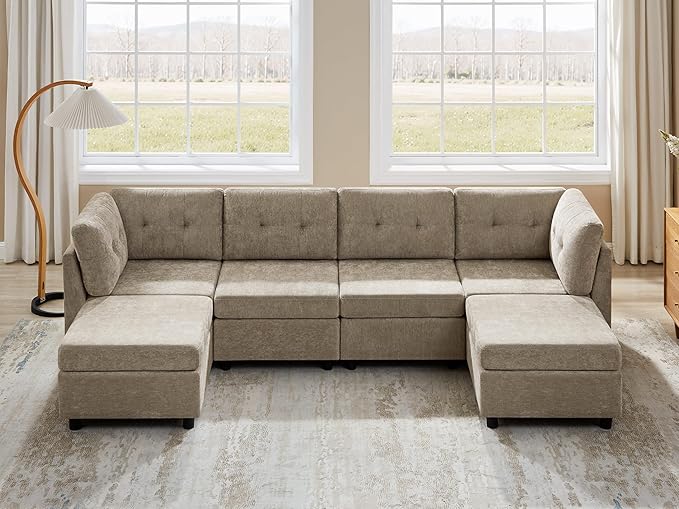 VANOMi 4 Seat Modular Cloud Sofa with 2 Ottomans, 118" Sectional Sofas & Couches for Living Room, Comfy Chenille Cloud Sectional Couch Sofas for Living Room, Apartment, Office, Camel, U Shaped