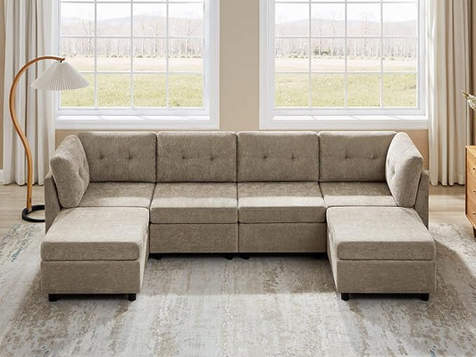 VANOMi 4 Seat Modular Cloud Sofa with 2 Ottomans, 118" Sectional Sofas & Couches for Living Room, Comfy Chenille Cloud Sectional Couch Sofas for Living Room, Apartment, Office, Camel, U Shaped