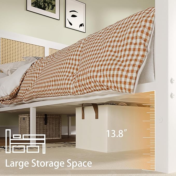 Boho Bed Frame Full, Rattan Full Bed Frames with Headboard, Metal Platform Bed Frame Full Size with Strong Slats Support, No Box Spring Needed, Noise Free, Easy Assembly, White